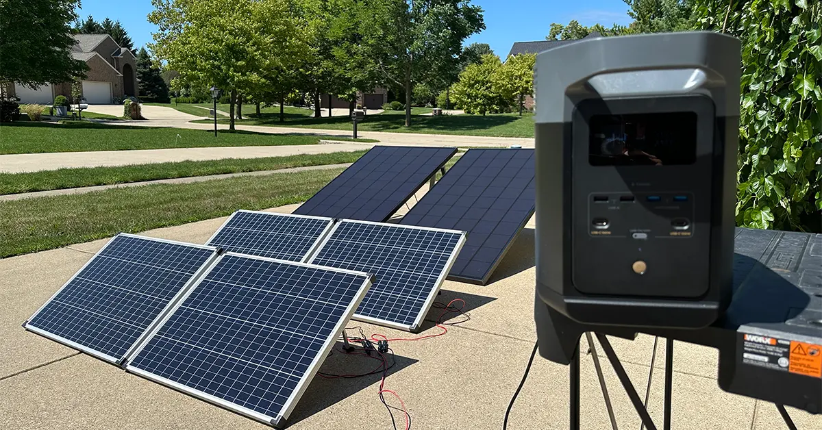 An image of the ECOFLOW Delta 2 Portable Power Station with solar panels in the background.