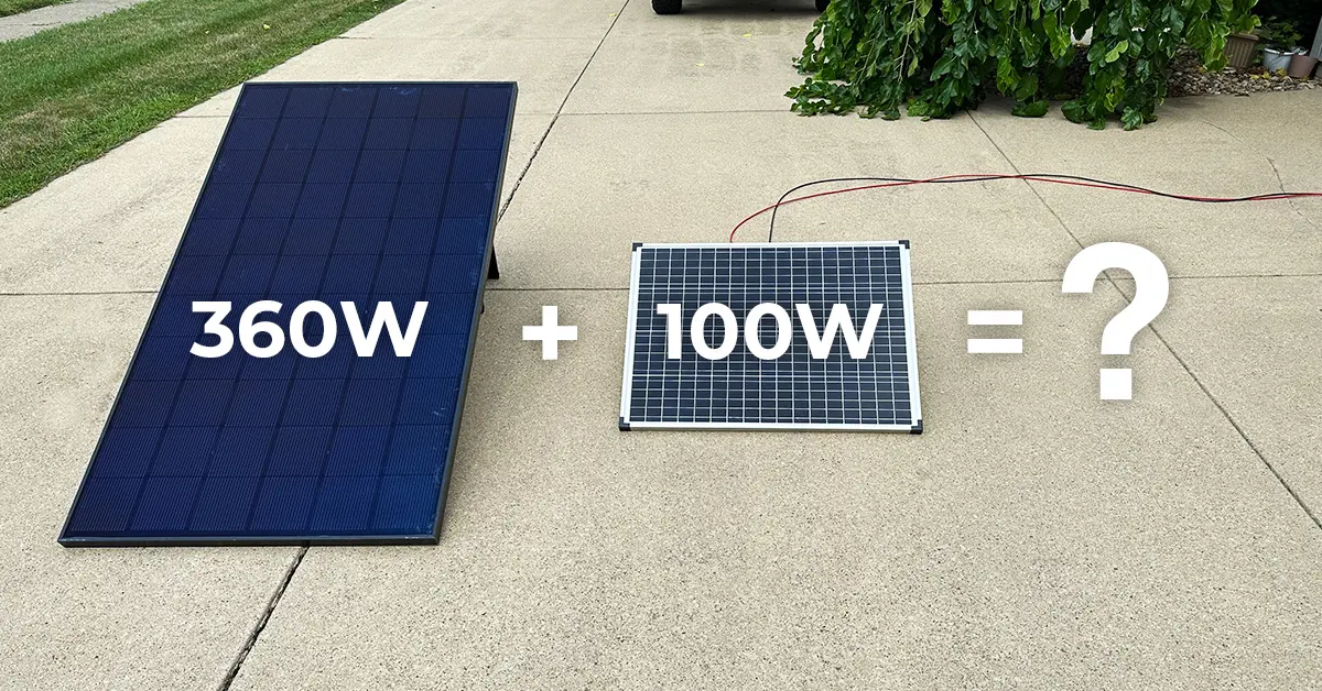An image of two mismatched solar panels, a large 360-watt Heliene panel and a small 100-watt Thunderbolt panel with the math equation: 360W + 100W = ?